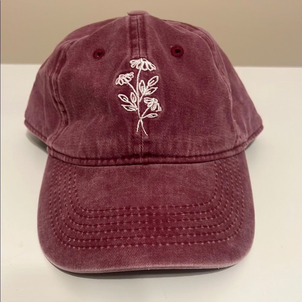 Francesca's Collections Burgundy Floral Embroidered Cap